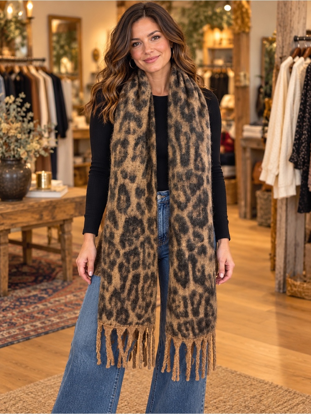 Brown Leopard Print Fringe Scarf